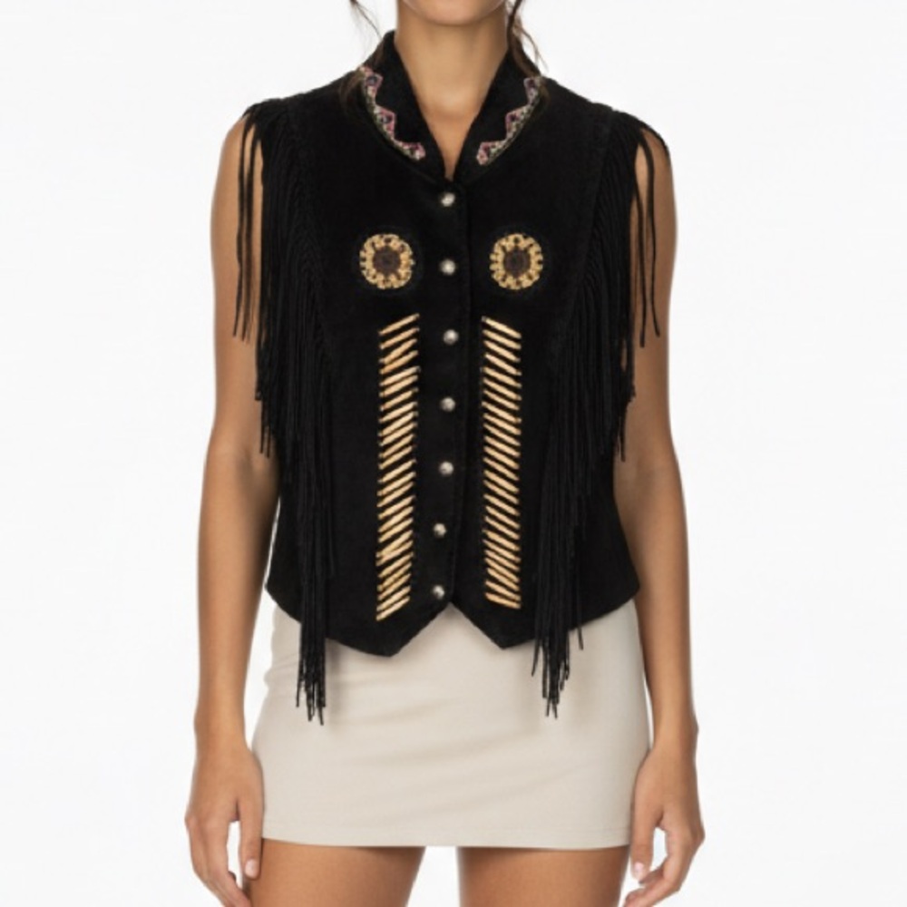Diamond Leathers Vintage Suede Vest Tribal Southwestern FringeBeaded SZ 10 BLACK